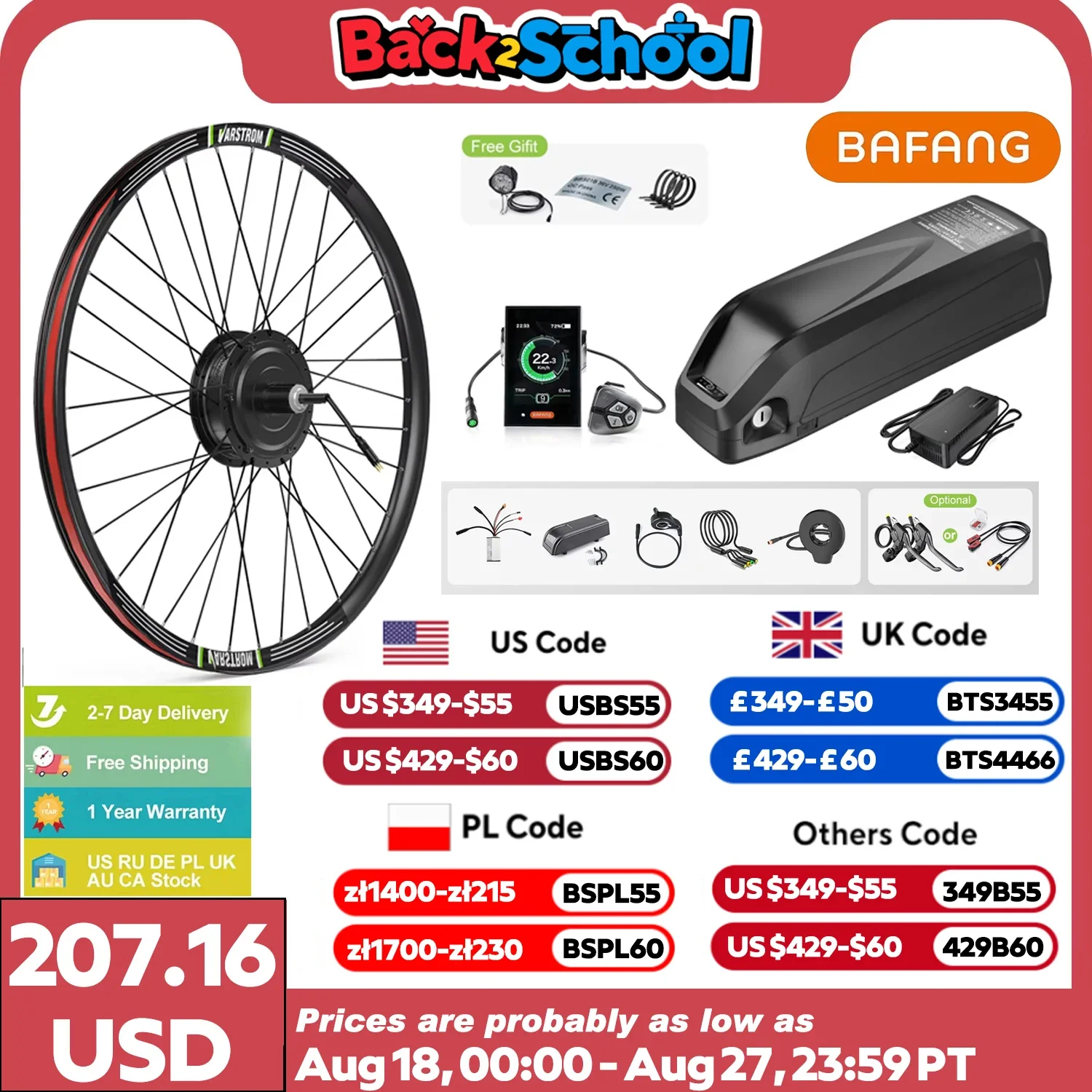 BAFANG 500W Ebike Kit Rear Drive Wheel Hub Motor Electric Bicycle Brushless Motor Conversion Kit, 20Ah/13Ah Battery