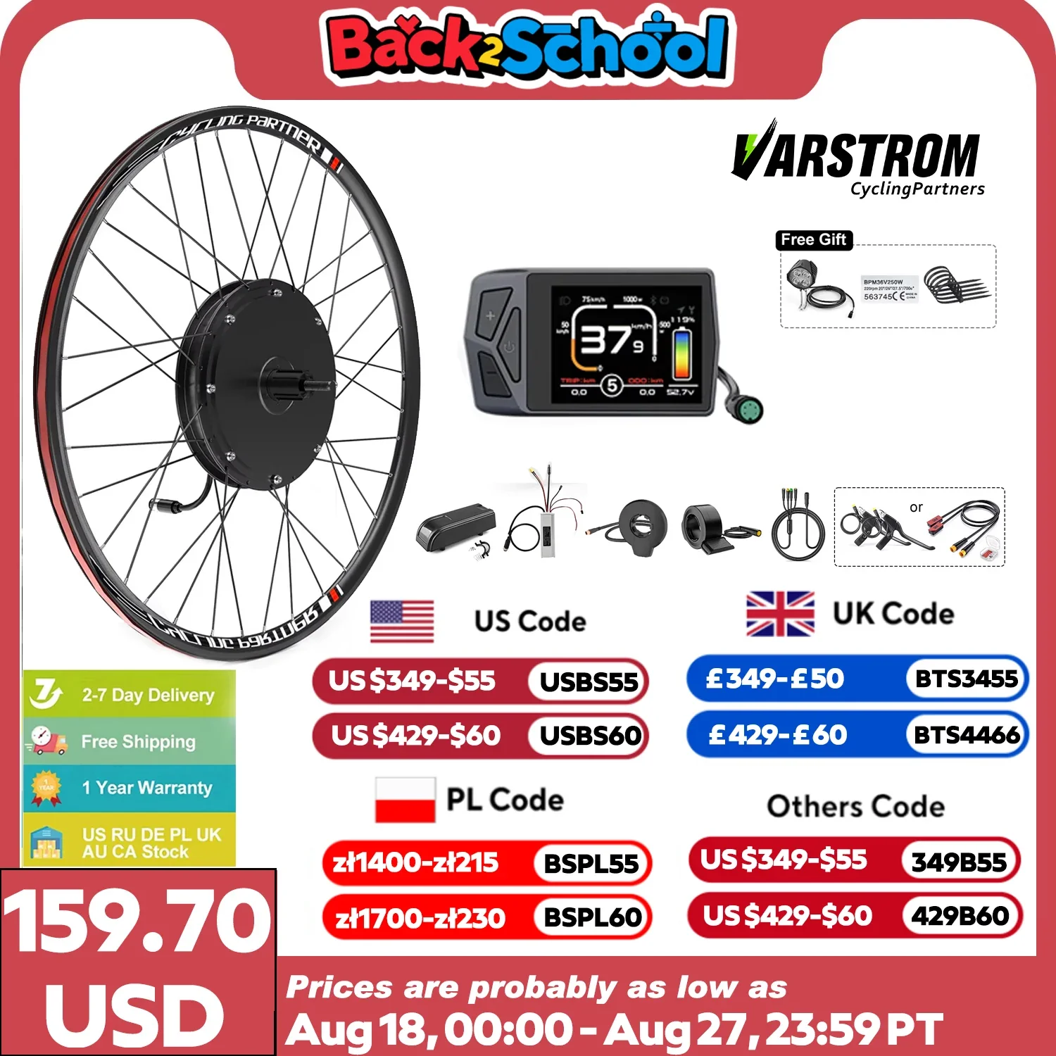 BAFANG Varstrom 1000W Hub Motor Wheel 48V Electric Bicycle Conversion Kit, Gearless Brushless Motor, Rear Drive Ebike Kit, 26-29 Inch / 700C