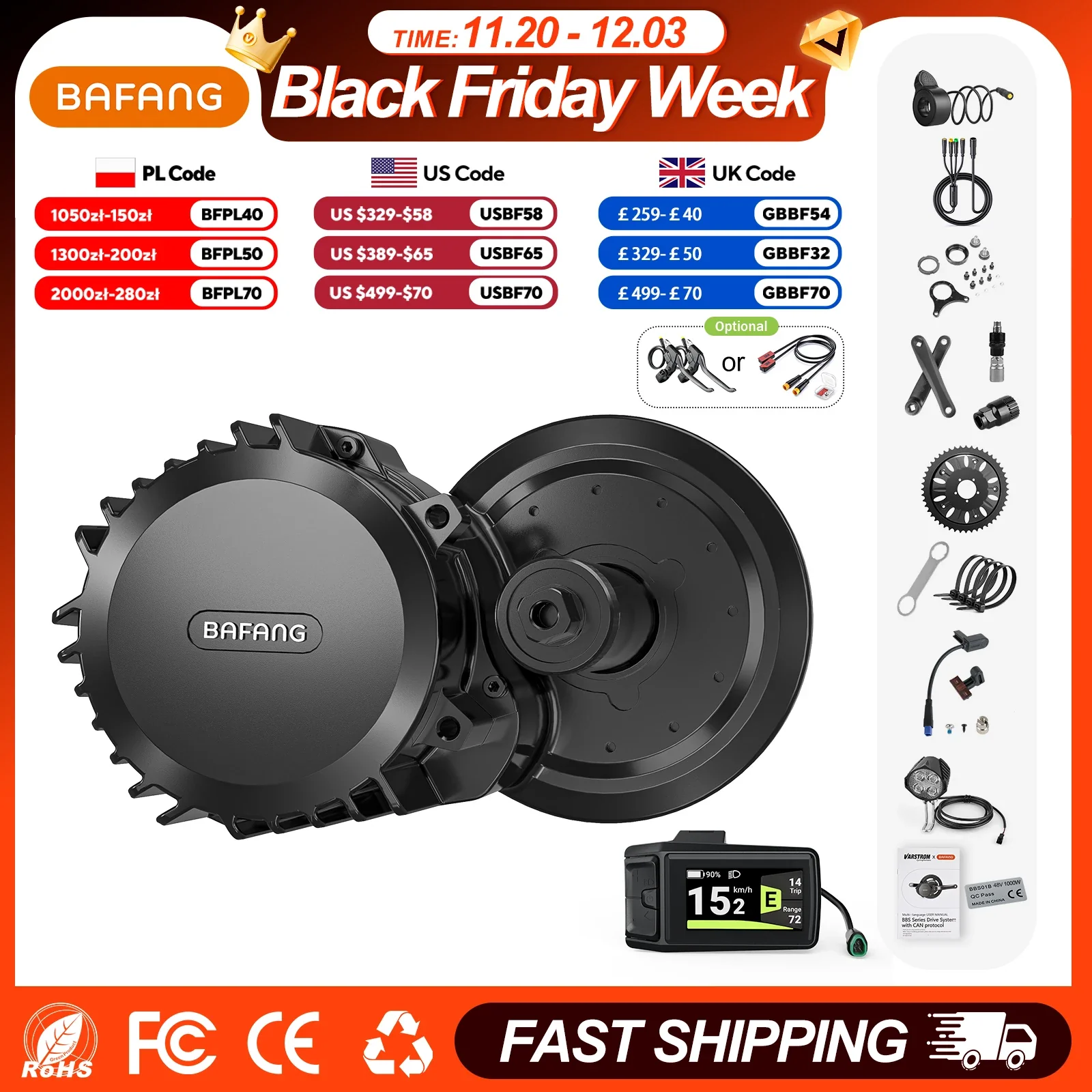 BAFANG 1000W 48V BBSHD 52V Ebike Conversion Kit Mid Drive Motor 8FUN M615 MM G.C Electric Bicycle Engine