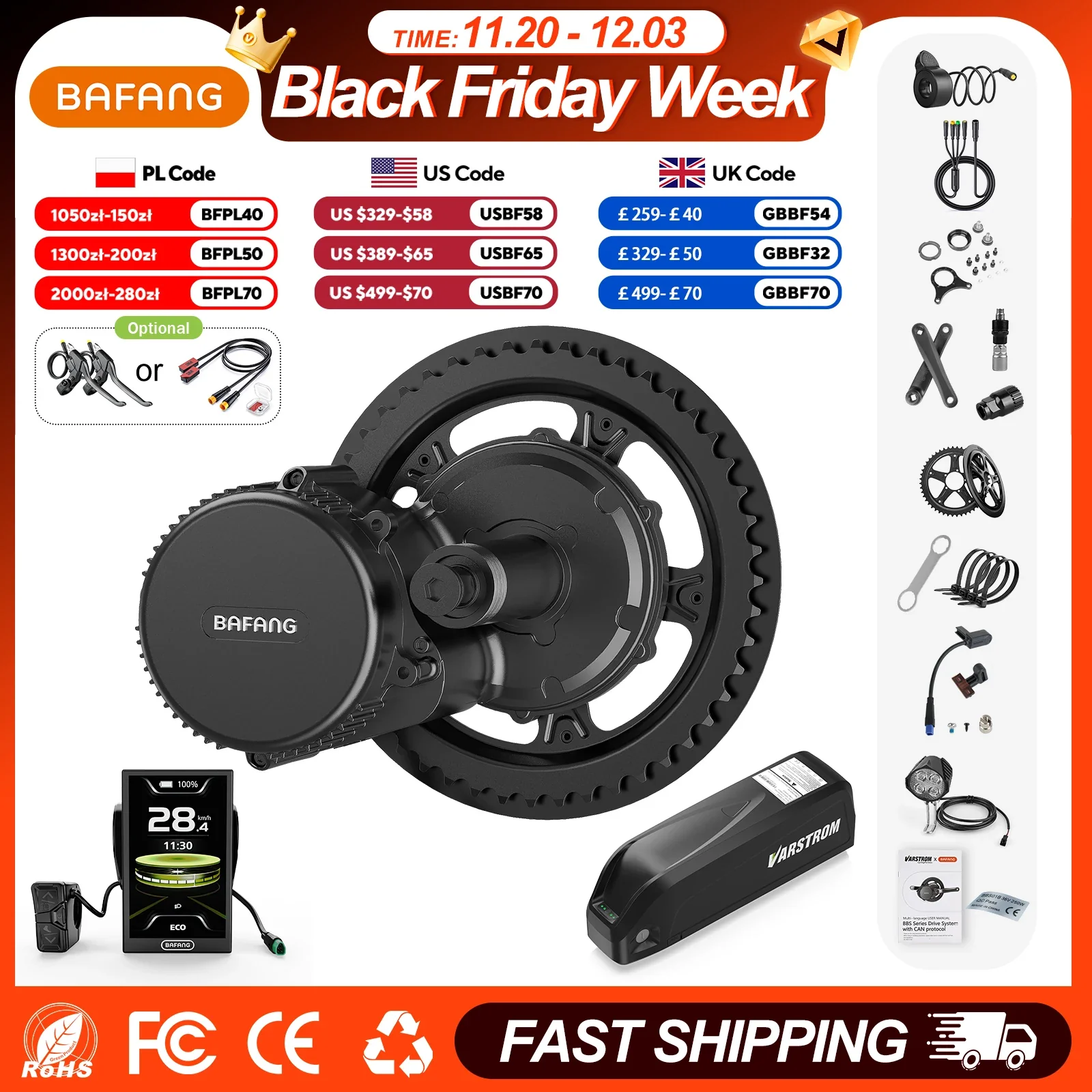 BAFANG CAN BBS02B 36V 500W Mid Drive Motor Electric Bicycle Conversion Kit with M315 Display and 36V 13Ah/24Ah Battery Option